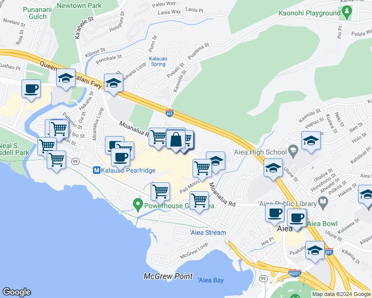map of restaurants, bars, coffee shops, grocery stores, and more near 98-1040 Moanalua Road in Aiea