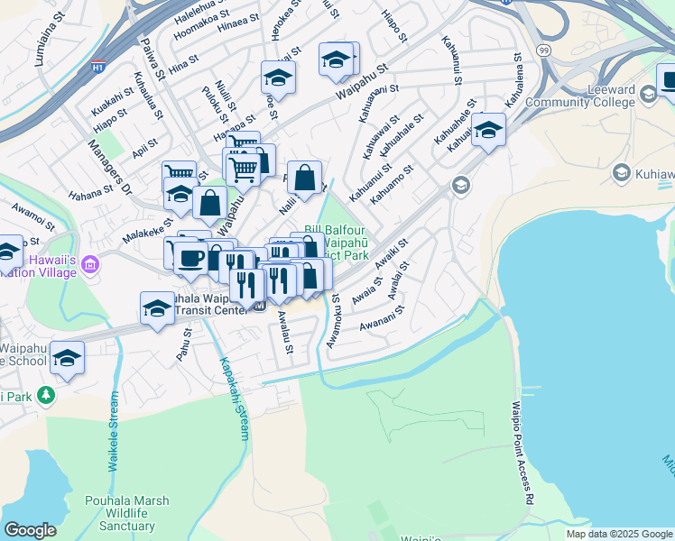 map of restaurants, bars, coffee shops, grocery stores, and more near 94-979 Kahuamoku Street in Waipahu