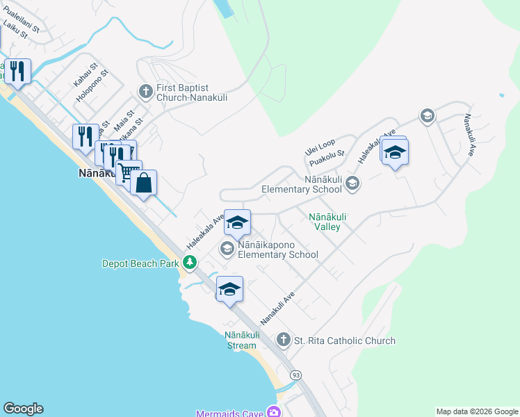 map of restaurants, bars, coffee shops, grocery stores, and more near 89404 Haleakala Avenue in Waianae