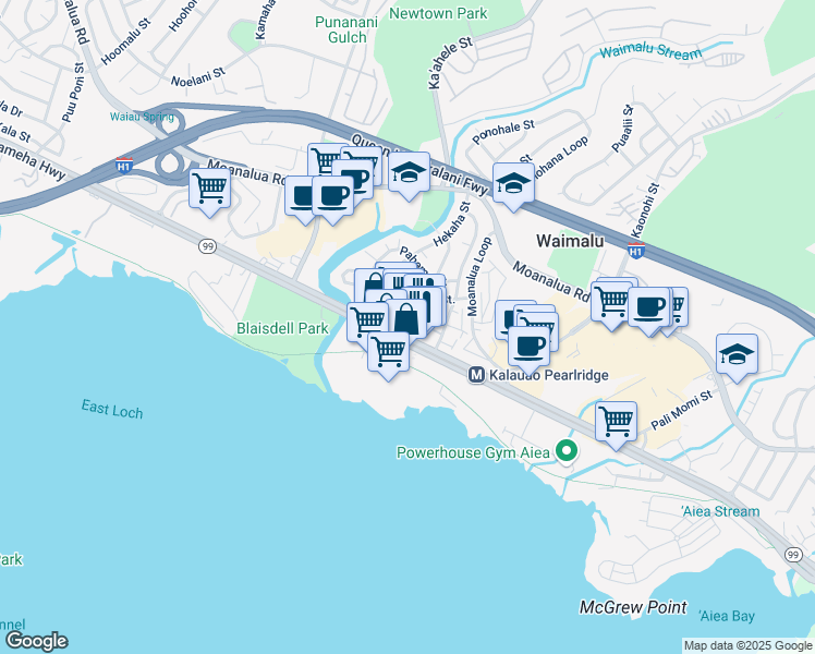 map of restaurants, bars, coffee shops, grocery stores, and more near 98-20 Kamehameha Highway in Aiea