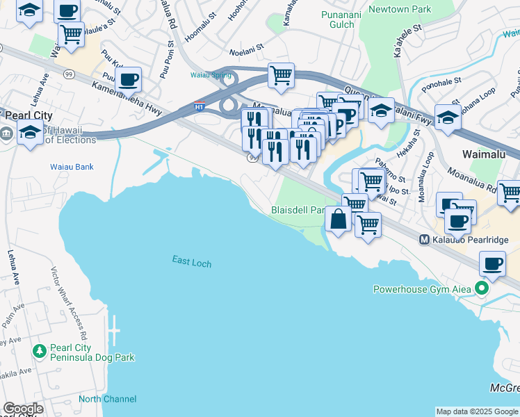 map of restaurants, bars, coffee shops, grocery stores, and more near Pearl Harbor Bike Path in Pearl City