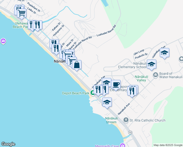 map of restaurants, bars, coffee shops, grocery stores, and more near 87-145 Helelua Street in Waianae