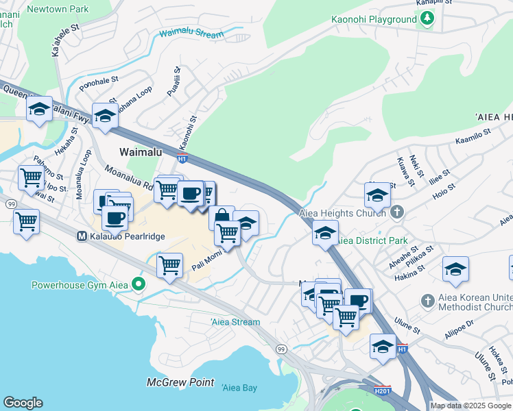 map of restaurants, bars, coffee shops, grocery stores, and more near Koauka Loop in Aiea
