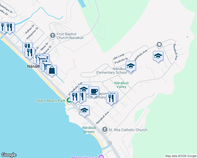 map of restaurants, bars, coffee shops, grocery stores, and more near 89404 Haleakala Avenue in Waianae