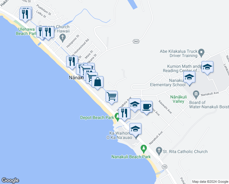 map of restaurants, bars, coffee shops, grocery stores, and more near 87-149 Helelua Street in Waianae
