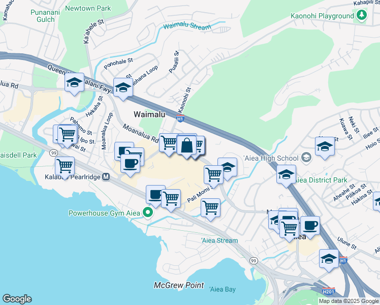 map of restaurants, bars, coffee shops, grocery stores, and more near 98-1040 Moanalua Road in Aiea