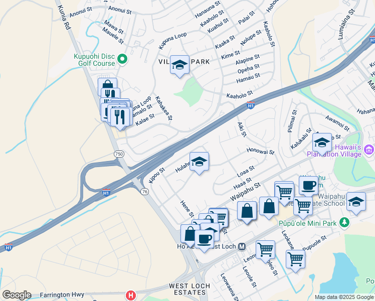 map of restaurants, bars, coffee shops, grocery stores, and more near 94-562 Kipou Street in Waipahu