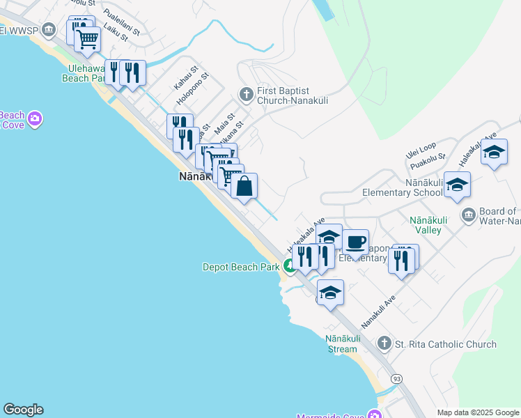 map of restaurants, bars, coffee shops, grocery stores, and more near 87-134 Helelua Street in Waianae