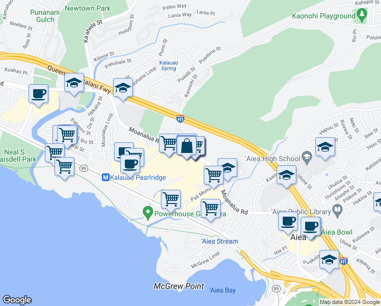 map of restaurants, bars, coffee shops, grocery stores, and more near 98-1034 Moanalua Road in Aiea