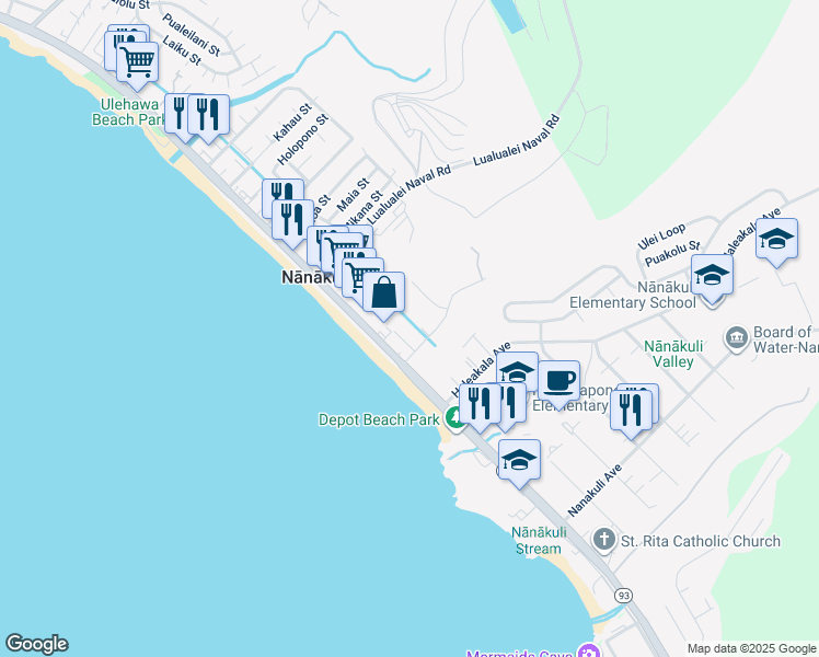 map of restaurants, bars, coffee shops, grocery stores, and more near 87-134 Helelua Street in Waianae