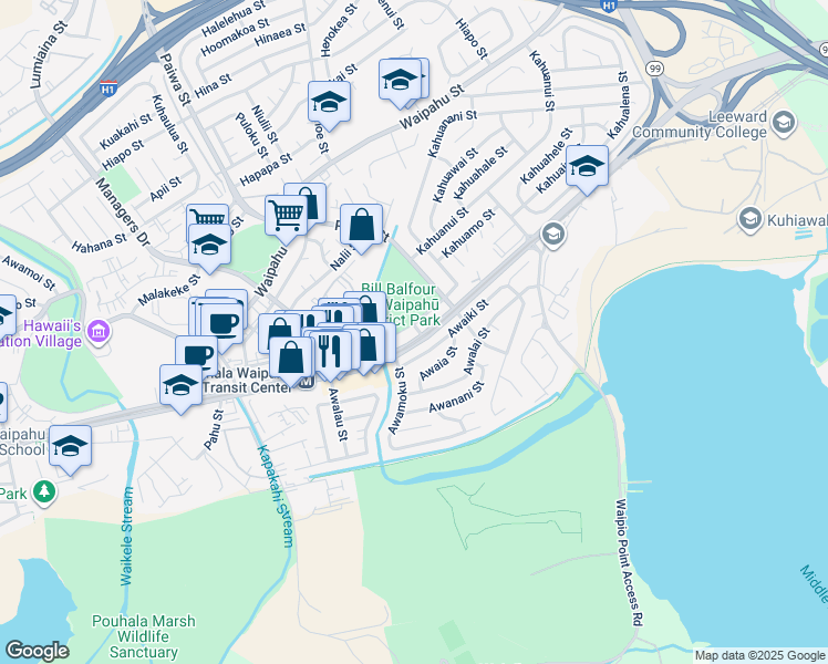 map of restaurants, bars, coffee shops, grocery stores, and more near 94-979 Kahuamoku Street in Waipahu