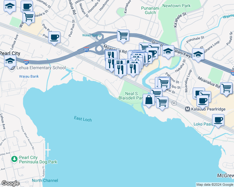 map of restaurants, bars, coffee shops, grocery stores, and more near 98-163 Kaluamoi Place in Pearl City