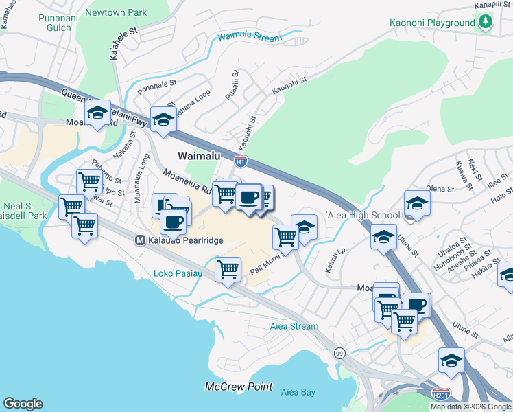 map of restaurants, bars, coffee shops, grocery stores, and more near 98-1040 Moanalua Road in Aiea