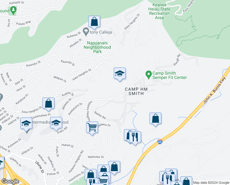 map of restaurants, bars, coffee shops, grocery stores, and more near 99-1156 Halawa Heights Road in Aiea