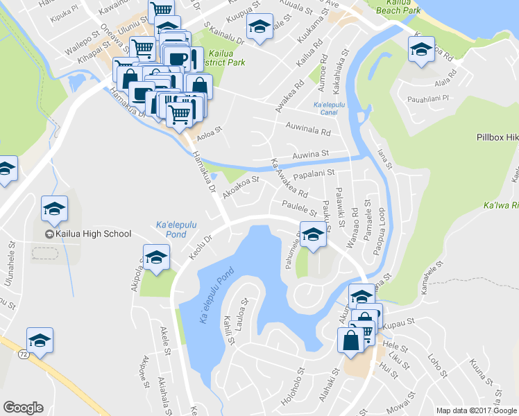 map of restaurants, bars, coffee shops, grocery stores, and more near 646 Papalani Street in Kailua