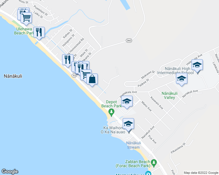 map of restaurants, bars, coffee shops, grocery stores, and more near 87-149 Helelua Street in Waianae