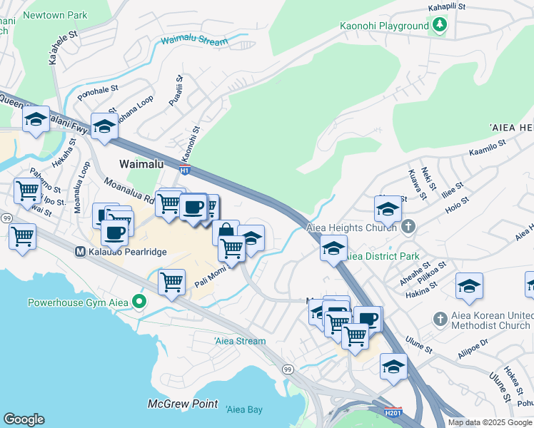 map of restaurants, bars, coffee shops, grocery stores, and more near 98-487 Koauka Loop in Aiea