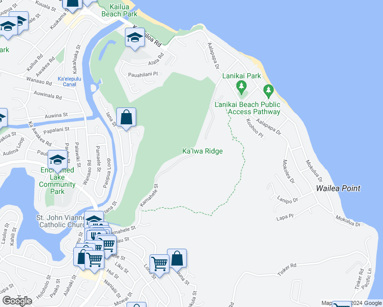 map of restaurants, bars, coffee shops, grocery stores, and more near 411G Kaelepulu Drive in Kailua