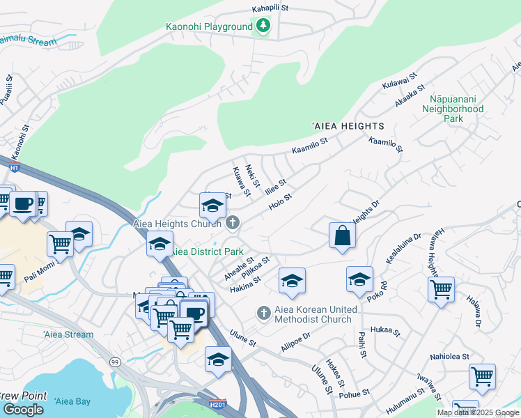 map of restaurants, bars, coffee shops, grocery stores, and more near 99-553 Hoio Street in Aiea