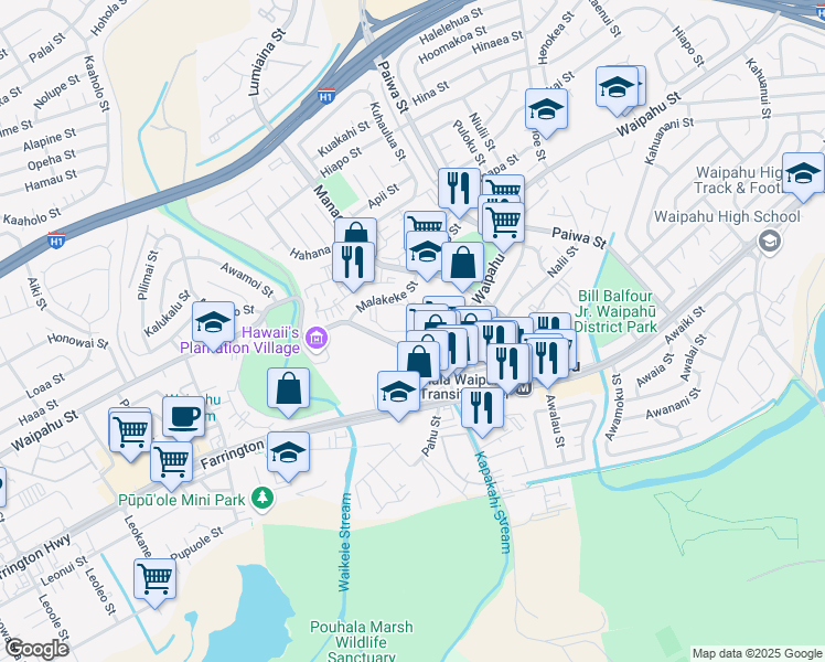map of restaurants, bars, coffee shops, grocery stores, and more near 94 Malakeke Place in Waipahu