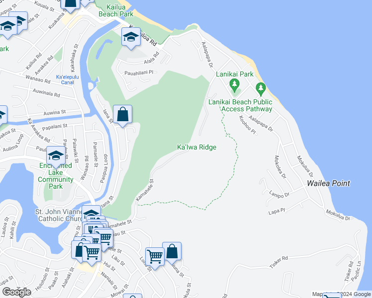 map of restaurants, bars, coffee shops, grocery stores, and more near 1170 Kamahele Street in Kailua