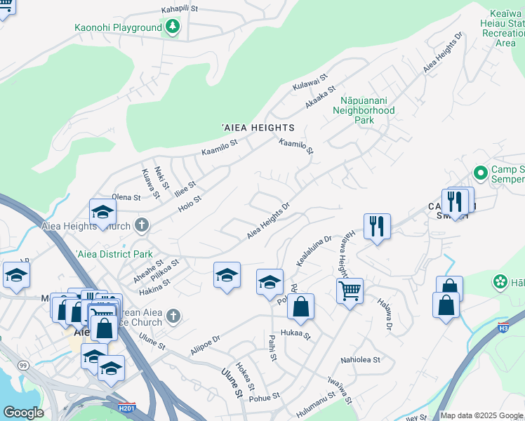 map of restaurants, bars, coffee shops, grocery stores, and more near 99-714 Aiea Heights Drive in Aiea