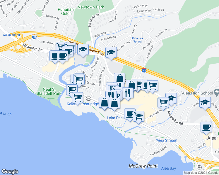 map of restaurants, bars, coffee shops, grocery stores, and more near Unnamed Road in Aiea