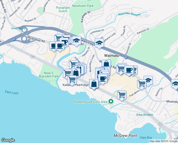 map of restaurants, bars, coffee shops, grocery stores, and more near 98750 Moanalua Loop in Aiea