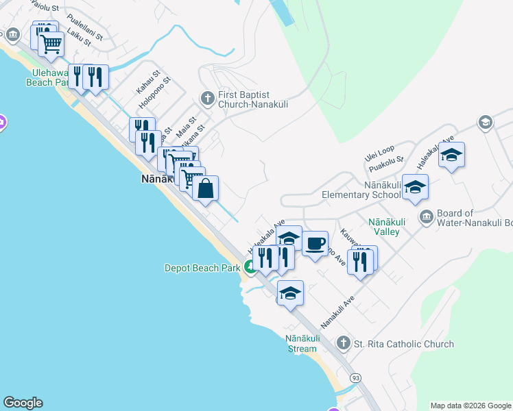 map of restaurants, bars, coffee shops, grocery stores, and more near 87-1456 Helelua Place in Waianae