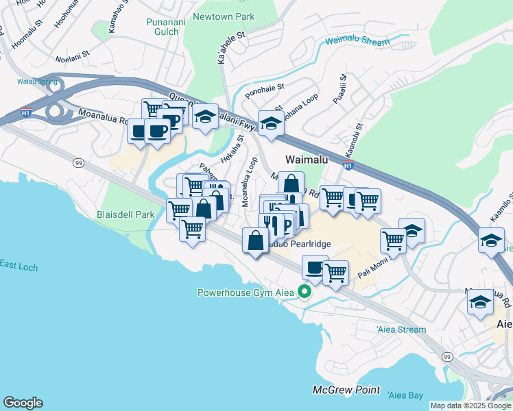 map of restaurants, bars, coffee shops, grocery stores, and more near 98-660 Moanalua Loop in Aiea