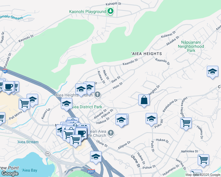 map of restaurants, bars, coffee shops, grocery stores, and more near 99-582 Hoio Street in Aiea