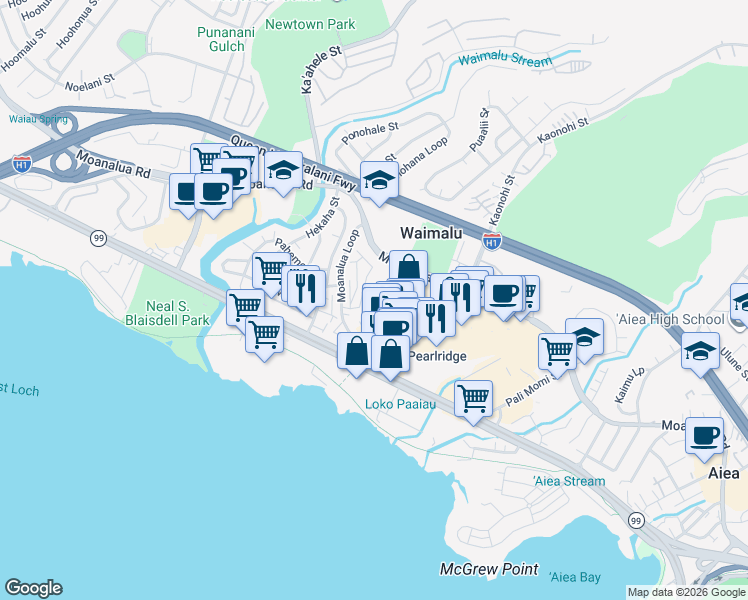 map of restaurants, bars, coffee shops, grocery stores, and more near Unnamed Road in Aiea
