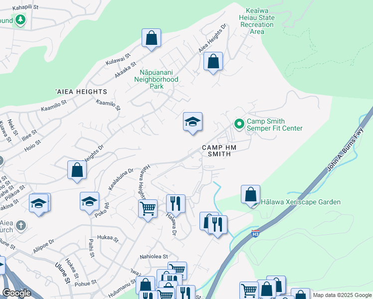 map of restaurants, bars, coffee shops, grocery stores, and more near 99-1156 Halawa Heights Road in Aiea