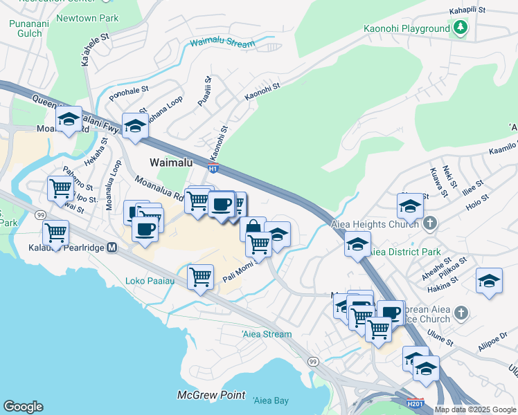 map of restaurants, bars, coffee shops, grocery stores, and more near 98-402 Koauka Loop in Aiea