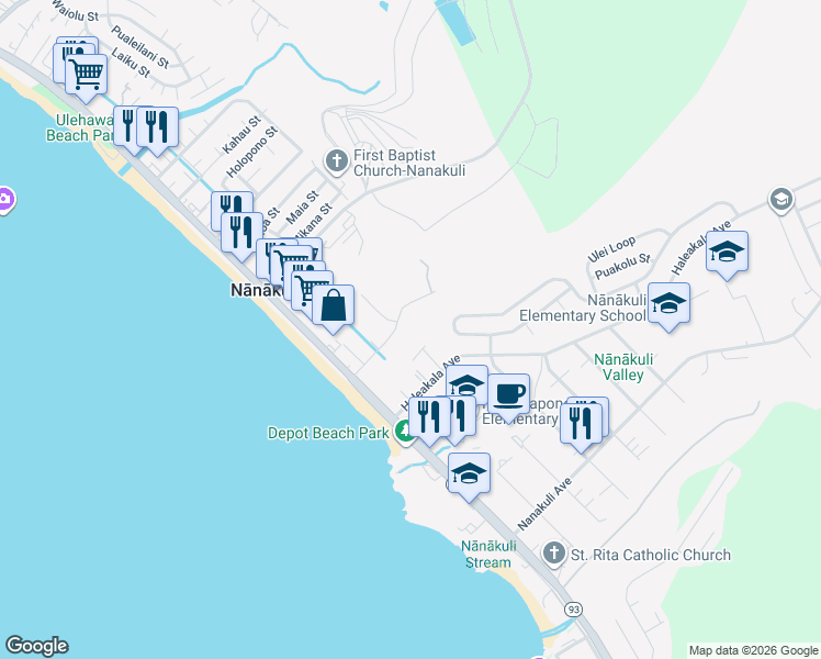 map of restaurants, bars, coffee shops, grocery stores, and more near 87-1456 Helelua Place in Waianae
