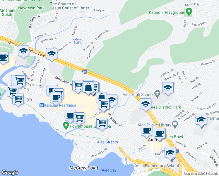 map of restaurants, bars, coffee shops, grocery stores, and more near 98-404 Koauka Loop in Aiea