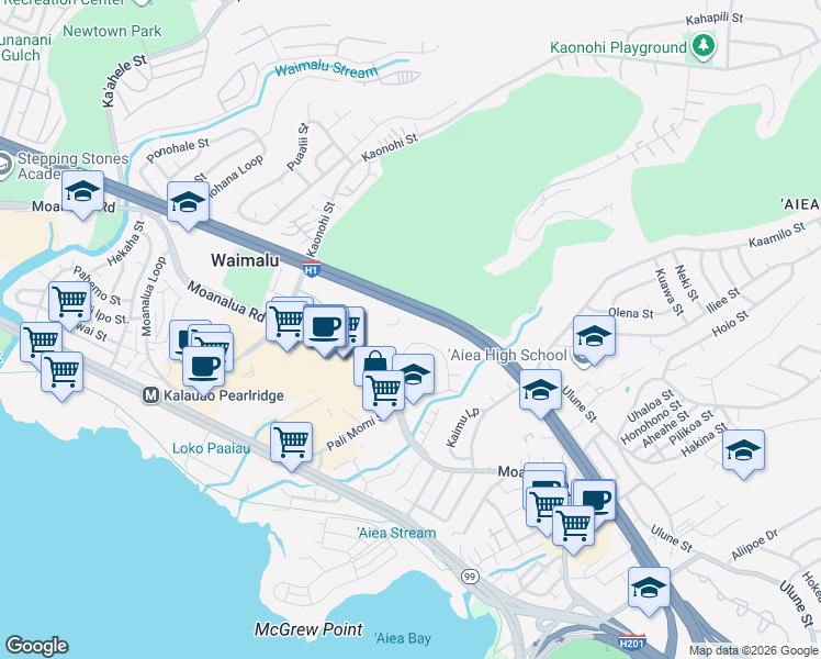 map of restaurants, bars, coffee shops, grocery stores, and more near 98-404 Koauka Loop in Aiea