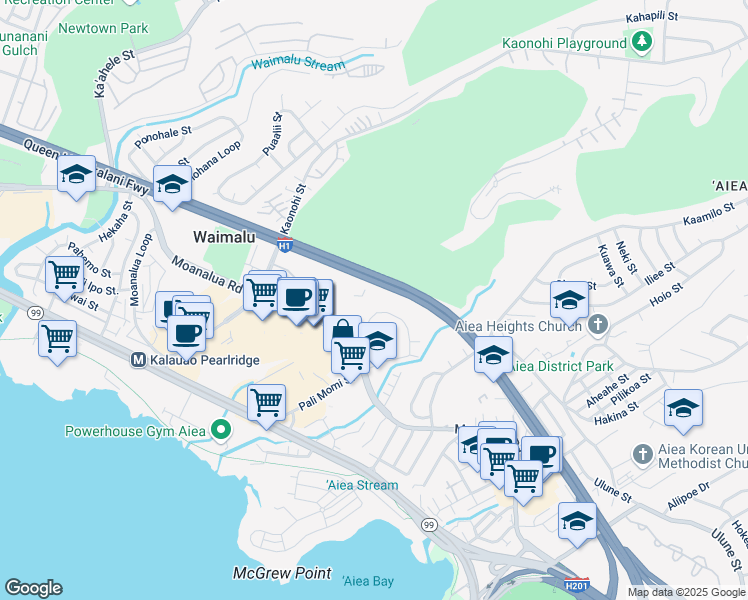 map of restaurants, bars, coffee shops, grocery stores, and more near 98-404 Koauka Loop in Aiea