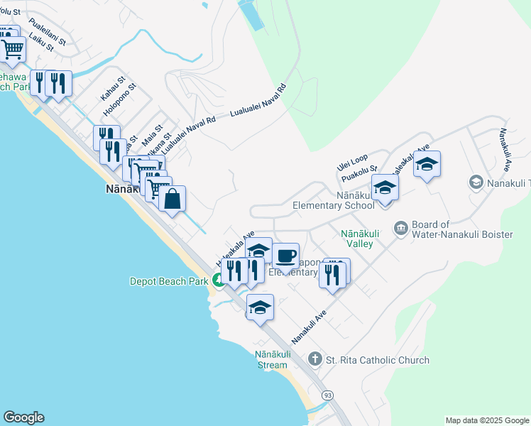 map of restaurants, bars, coffee shops, grocery stores, and more near 89-344 Mokiawe Street in Waianae