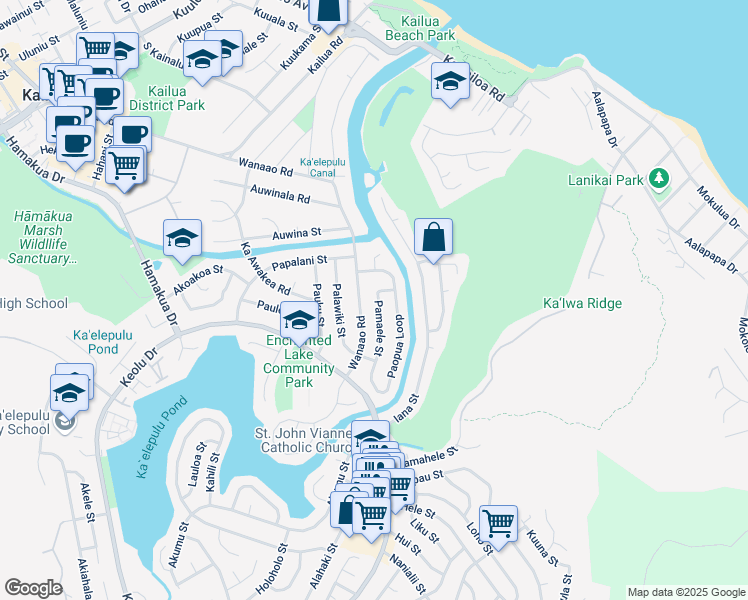 map of restaurants, bars, coffee shops, grocery stores, and more near 557 Wanaao Road in Kailua