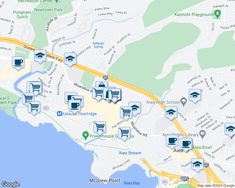 map of restaurants, bars, coffee shops, grocery stores, and more near 98-297 Ualo Street in Aiea