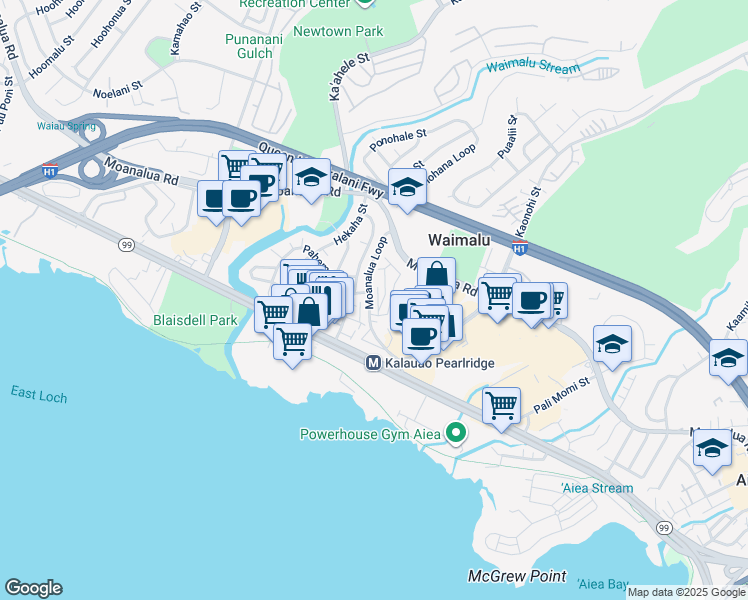 map of restaurants, bars, coffee shops, grocery stores, and more near 98-626 Moanalua Loop in Aiea