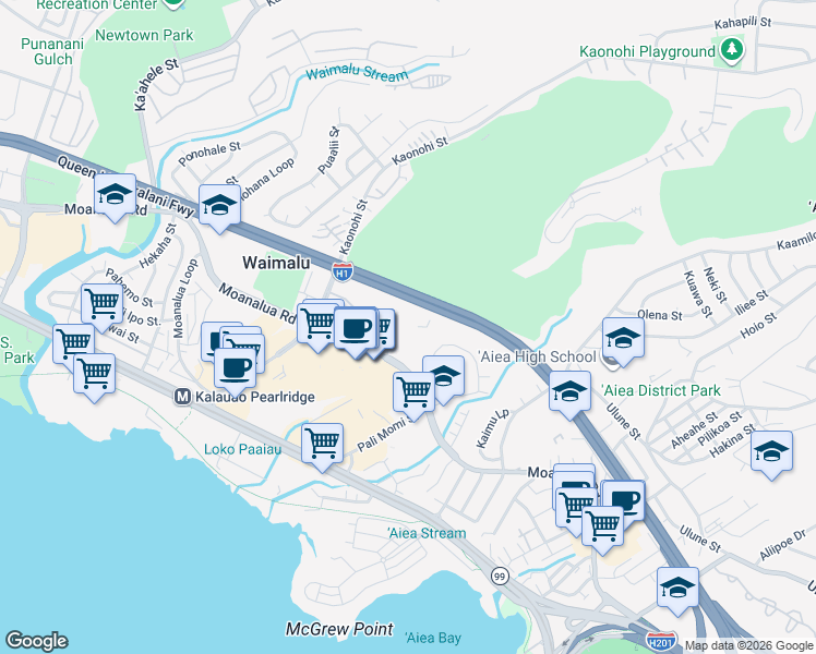 map of restaurants, bars, coffee shops, grocery stores, and more near 98-402 Koauka Loop in Aiea