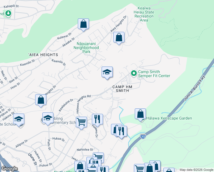 map of restaurants, bars, coffee shops, grocery stores, and more near 99-1156D Halawa Heights Road in Aiea