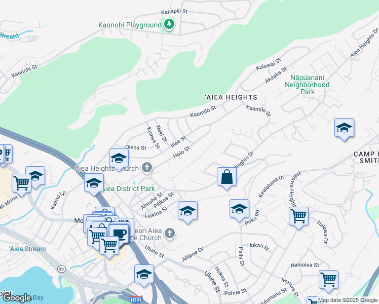 map of restaurants, bars, coffee shops, grocery stores, and more near 98-955 Iliee Street in Aiea