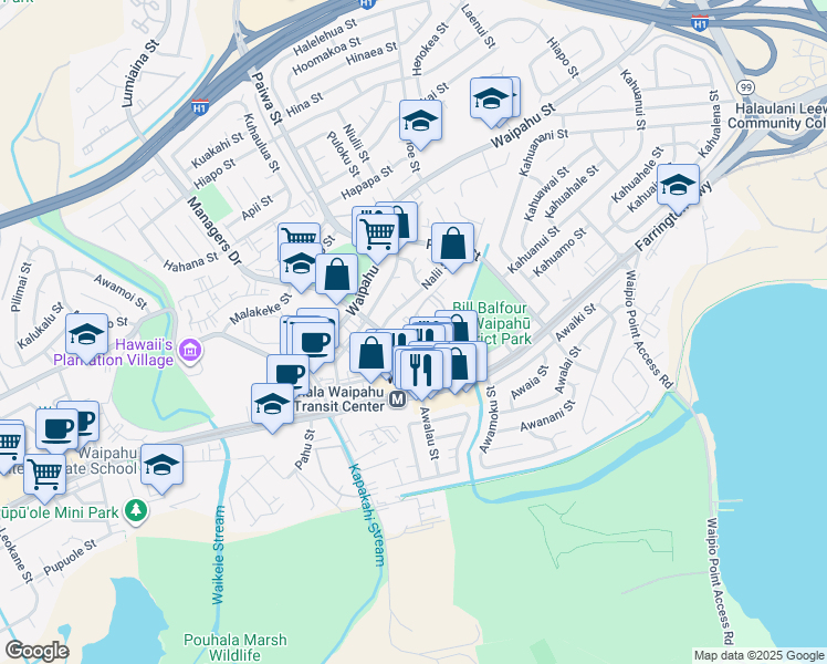 map of restaurants, bars, coffee shops, grocery stores, and more near 94-909 Kau'Olu Place in Waipahu