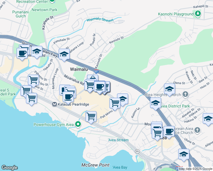 map of restaurants, bars, coffee shops, grocery stores, and more near 98-297 Ualo Street in Aiea