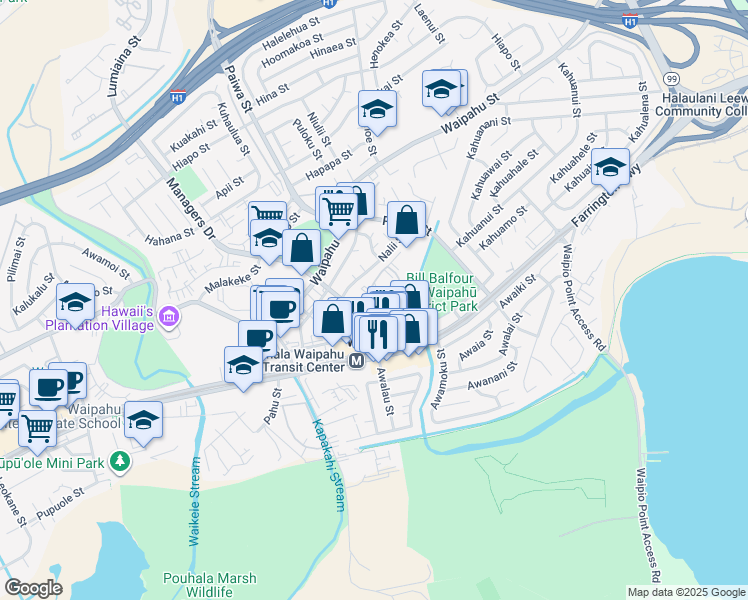 map of restaurants, bars, coffee shops, grocery stores, and more near 94-909 Kau'Olu Place in Waipahu