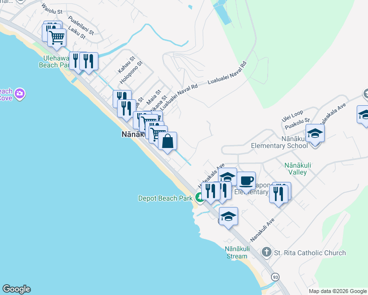 map of restaurants, bars, coffee shops, grocery stores, and more near 87-2139 Helelua Place in Waianae