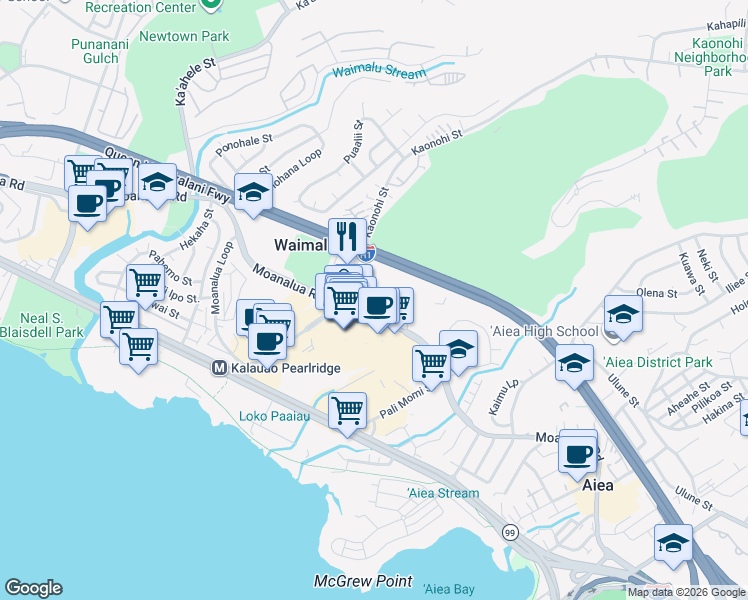 map of restaurants, bars, coffee shops, grocery stores, and more near 98-281 Kaonohi Street in Aiea